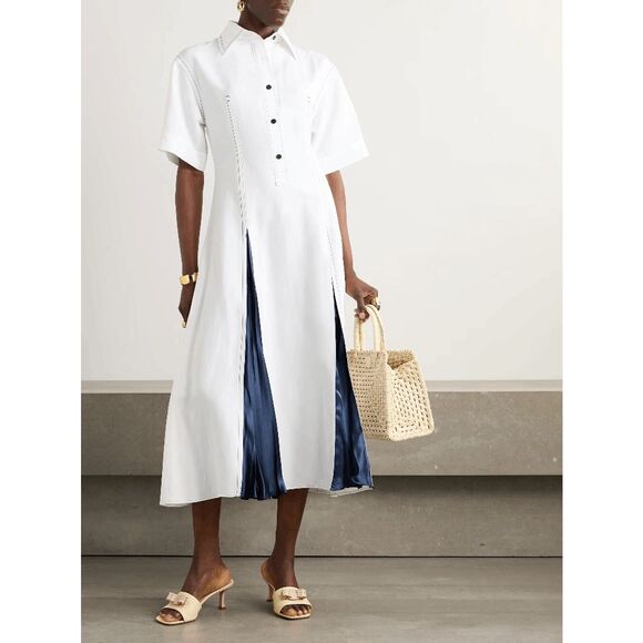 FERRAGAMO Topstitched satin-trimmed poplin midi dress Size IT38/US2 $2600 - Picture 1 of 12